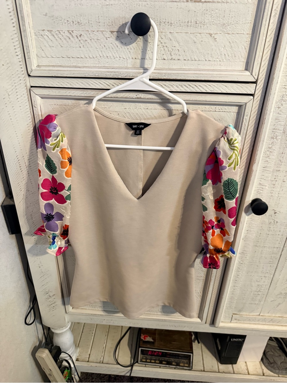 V-Neck Cream Blouse with Floral Puff Sleeves